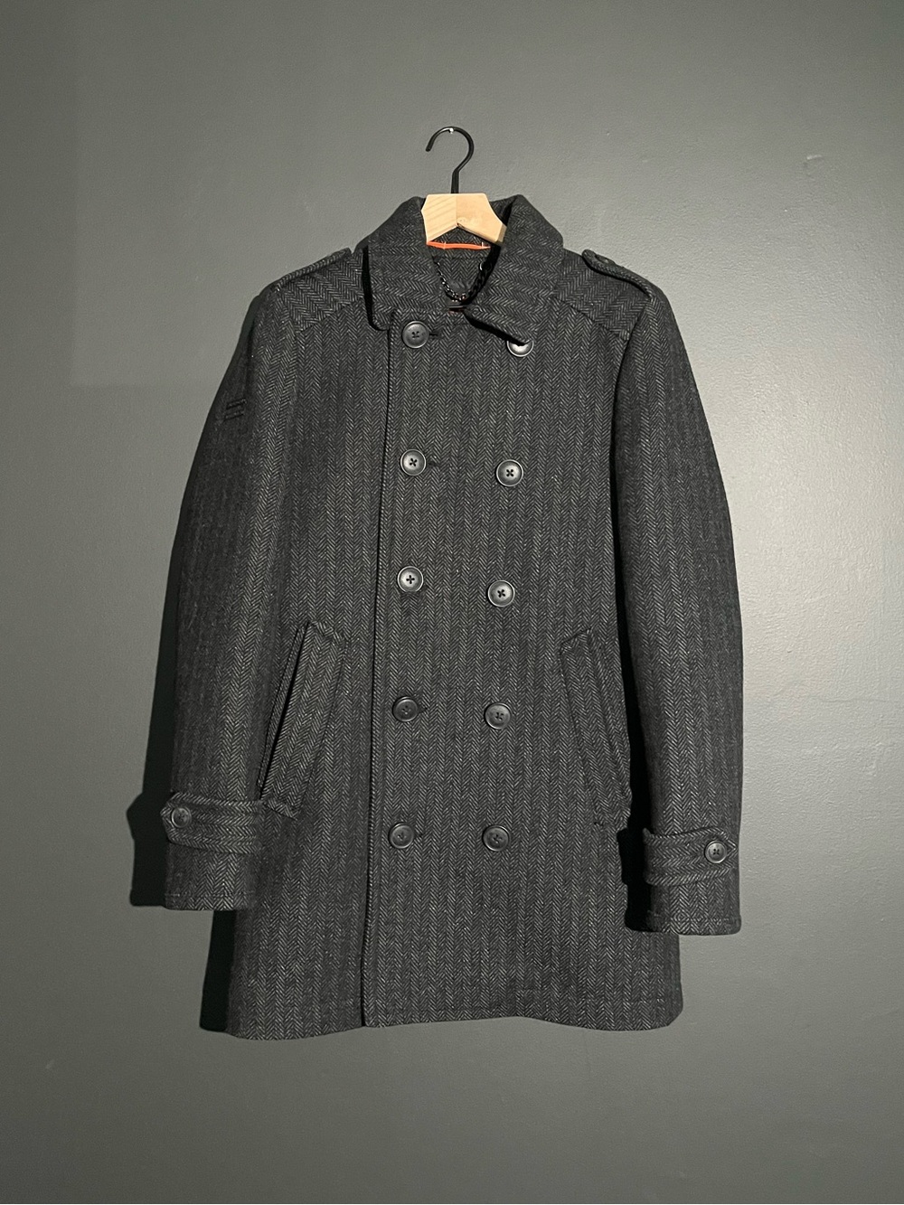 Superdry Wool Blend Herringbone Pea Coat Double Breasted Charcoal - Size S
